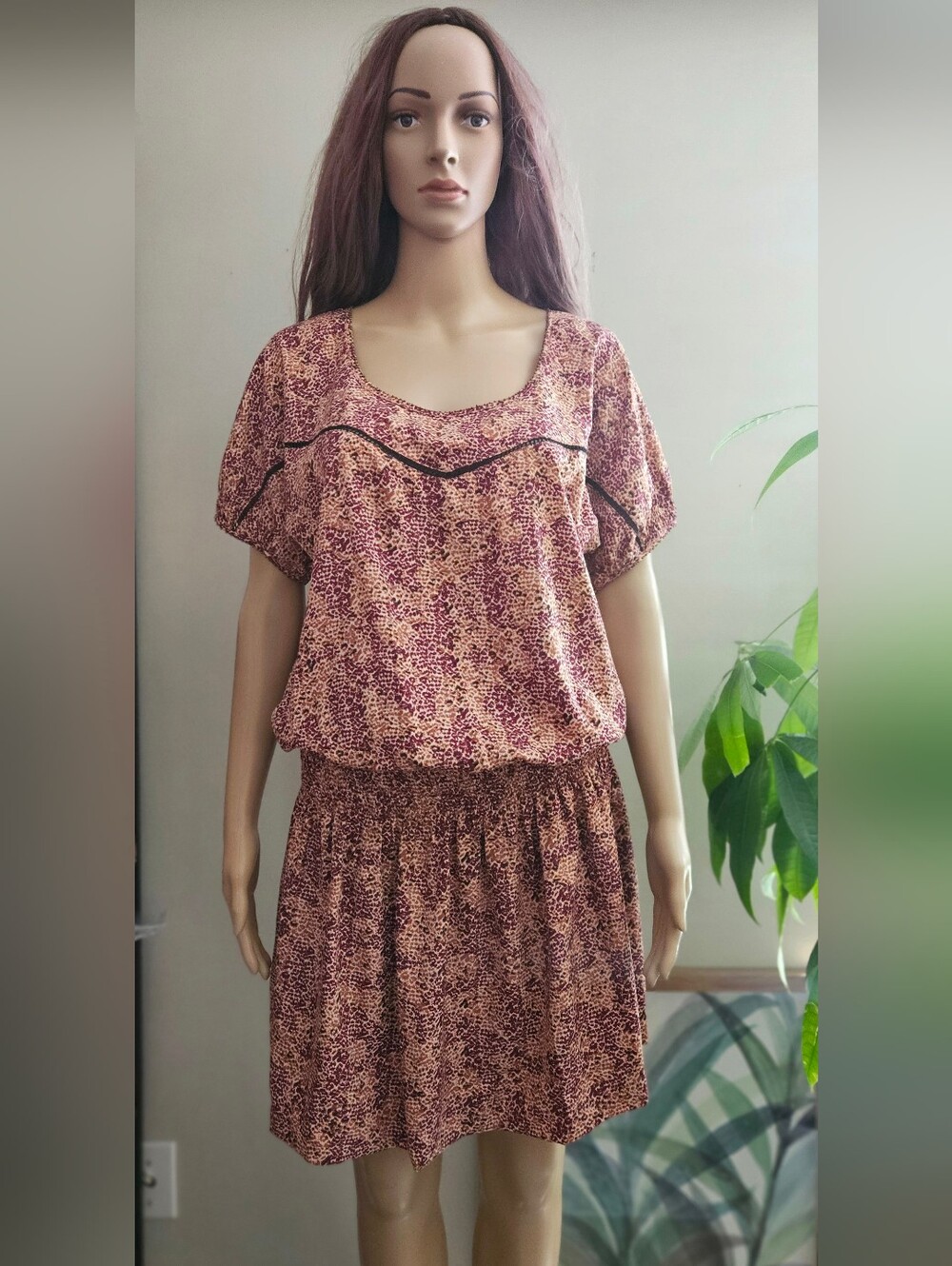 Maison Scotch Pink Brown Printed Blouson Dress Midi Short Sleeves Scotch & Soda